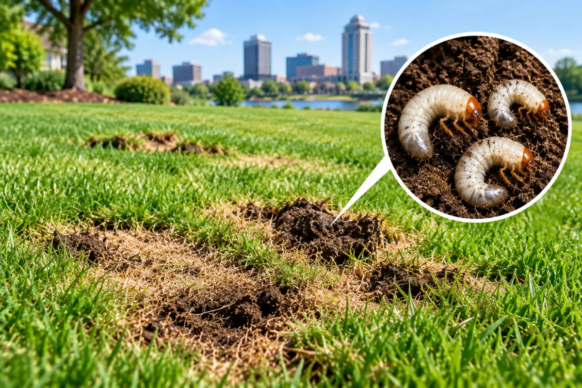 Damaged lawn with dead grass patches and a close-up inset of white grubs in the soil.