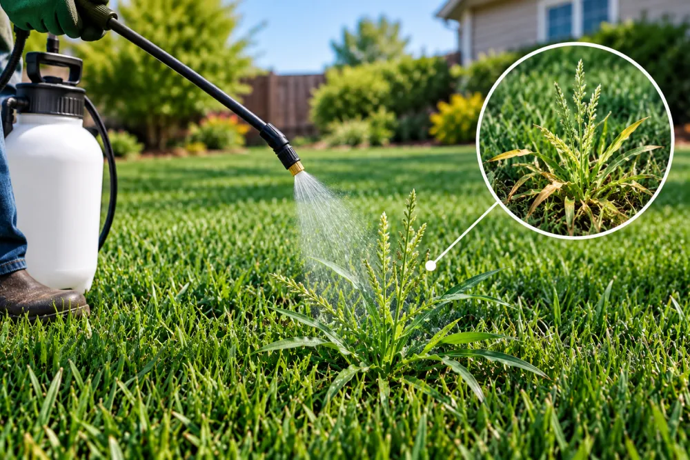 Person spraying post-emergent weed killer directly on a crabgrass plant in a green lawn.