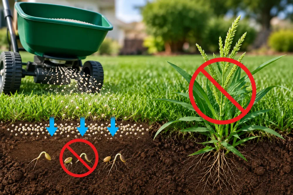 Diagram showing a lawn spreader applying pre-emergent herbicide to block weed seeds from germinating in soil.